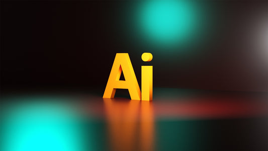 Yellow three-dimensional letters spelling Ai on a dark surface with teal lighting
