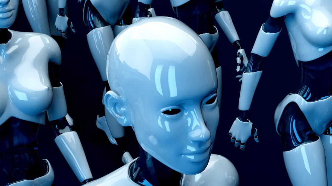 A group of glossy white humanoid robots against a dark blue background