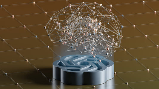 A wireframe brain structure floating above a blue logo on a grid surface