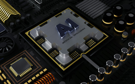 A central computer processor chip with AI lettering on a black circuit board