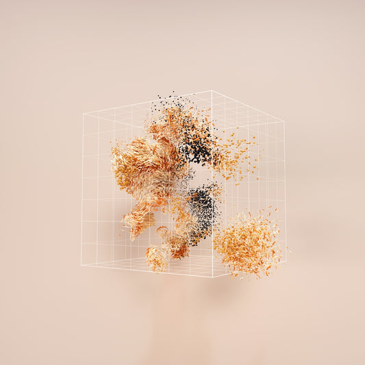 A wireframe cube containing swirling clusters of orange and black particles