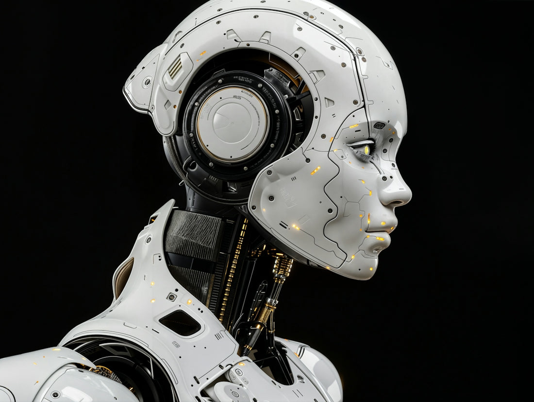 A white robot is standing in front of a black background