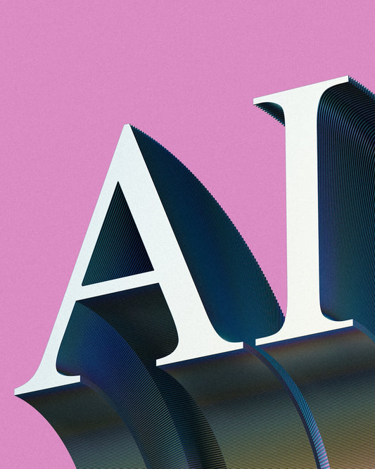 The letters AI in white with layered dark blue edges on a pink background